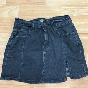 Luvamia Black Denim Mini Skirt Skort Shorts Size Small High Waisted Slit Stretch